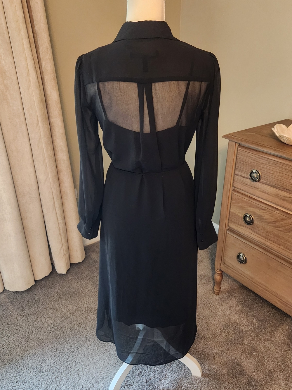 White House Black Market Black Sheer-Sleeve Midi Shirt Dress - Picture 4 of 5